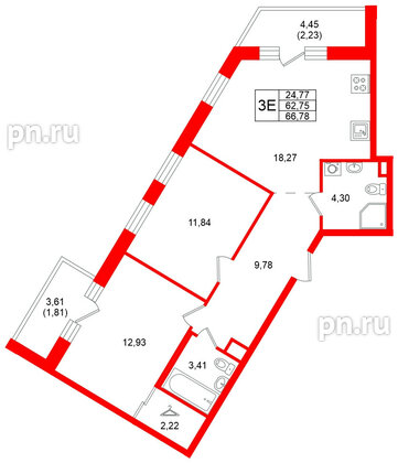 Квартира в ЖК Энфилд, 2 комнатная, 66.78 м², 2 этаж