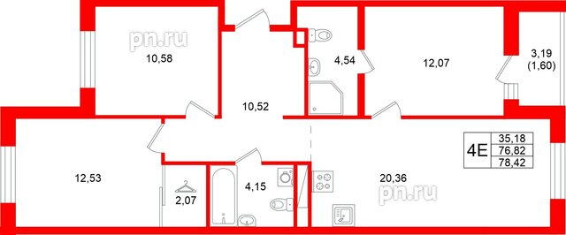 Квартира в ЖК Энфилд, 3 комнатная, 78.42 м², 3 этаж