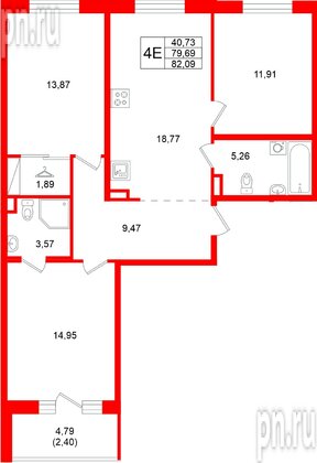 Квартира в ЖК «Энфилд», 3 комнатная, 82.09 м², 4 этаж