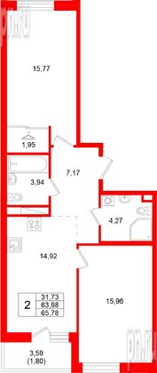 Квартира в ЖК Энфилд, 2 комнатная, 65.78 м², 12 этаж