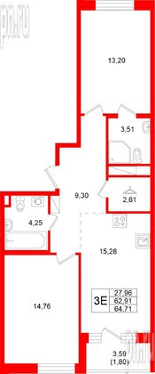 Квартира в ЖК Энфилд, 2 комнатная, 64.71 м², 4 этаж