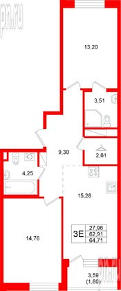 Квартира в ЖК Энфилд, 2 комнатная, 64.71 м², 6 этаж