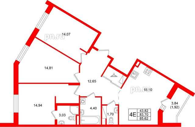 Квартира в ЖК Энфилд, 3 комнатная, 85.62 м², 9 этаж