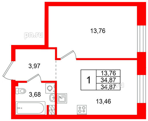 Квартира в ЖК Всевгород, 1 комнатная, 34.87 м², 3 этаж