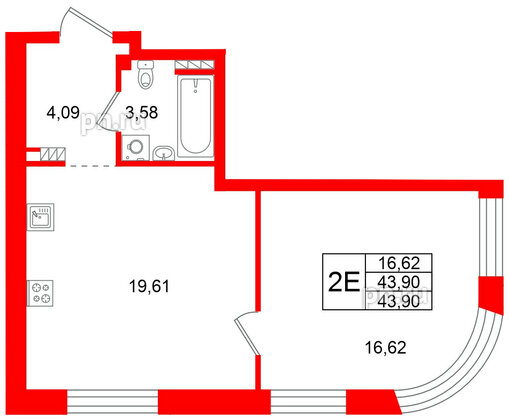 Квартира в ЖК Всевгород, 1 комнатная, 43.9 м², 4 этаж