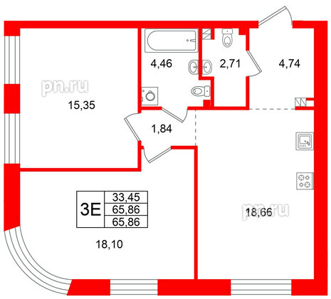 Квартира в ЖК Всевгород, 2 комнатная, 65.86 м², 3 этаж