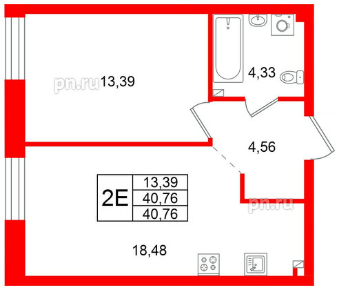 Квартира в ЖК Всевгород, 1 комнатная, 40.76 м², 2 этаж