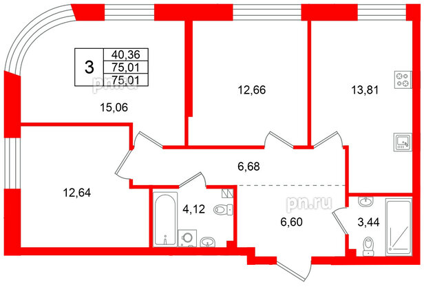 Квартира в ЖК Всевгород, 3 комнатная, 75.01 м², 2 этаж