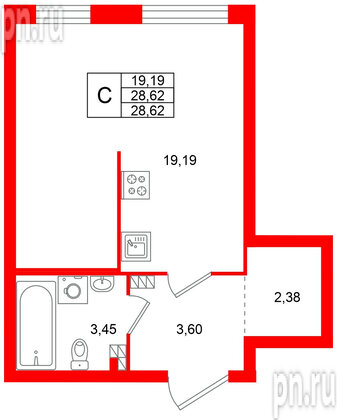 Квартира в ЖК Всевгород, студия, 28.62 м², 4 этаж