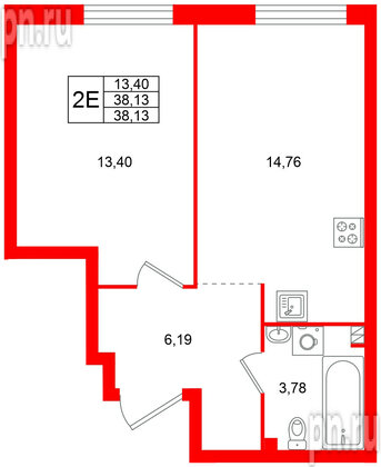 Квартира в ЖК Всевгород, 1 комнатная, 38.13 м², 2 этаж