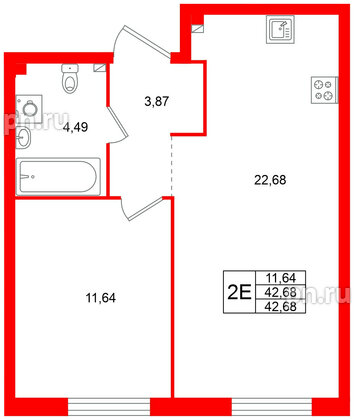 Квартира в ЖК Всевгород, 1 комнатная, 42.68 м², 2 этаж