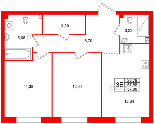 Квартира в ЖК Всевгород, 2 комнатная, 57.88 м², 2 этаж