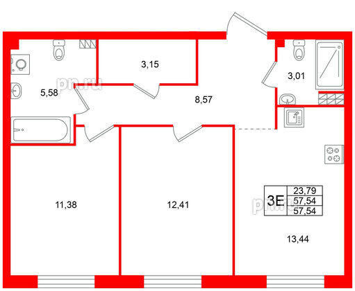 Квартира в ЖК Всевгород, 2 комнатная, 57.54 м², 4 этаж