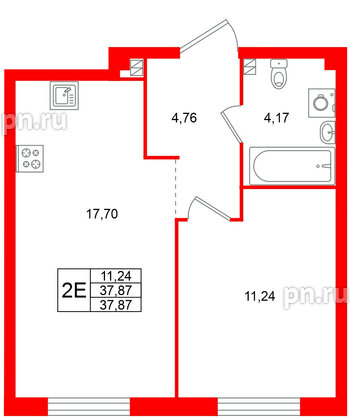Квартира в ЖК Всевгород, 1 комнатная, 37.87 м², 3 этаж