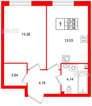 Квартира в ЖК Всевгород, 1 комнатная, 37.38 м², 2 этаж