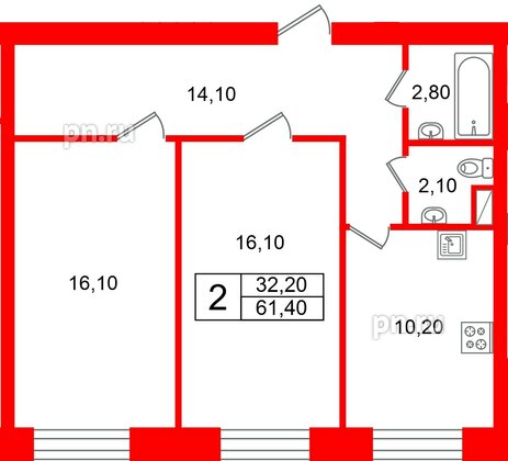 Квартира в ЖК Новый мир, 2 комнатная, 61.4 м², 1 этаж