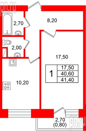 Квартира в ЖК «Новый мир», 1 комнатная, 40.8 м², 9 этаж