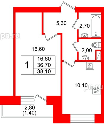 Квартира в ЖК «Новый мир», 1 комнатная, 37 м², 6 этаж