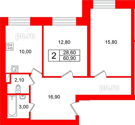Квартира в ЖК Новый мир, 2 комнатная, 60.9 м², 1 этаж
