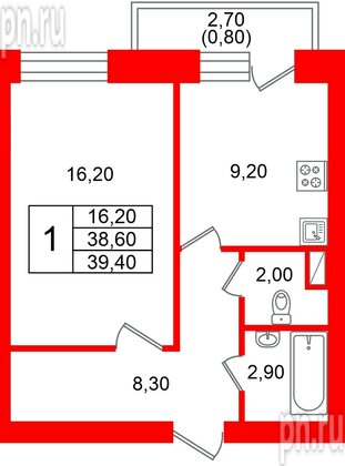Квартира в ЖК «Новый мир», 1 комнатная, 38.8 м², 8 этаж