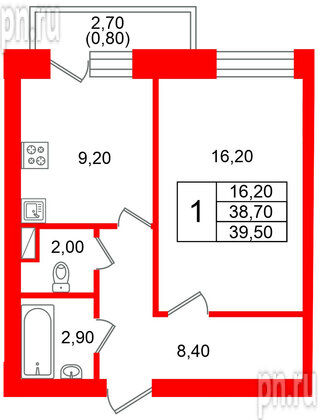 Квартира в ЖК Новый мир, 1 комнатная, 38.6 м², 2 этаж