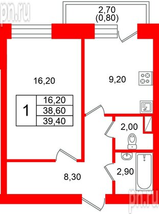 Квартира в ЖК Новый мир, 1 комнатная, 38.7 м², 3 этаж