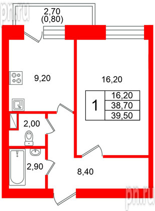 Квартира в ЖК Новый мир, 1 комнатная, 38.6 м², 7 этаж
