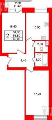 Квартира в ЖК «Новый мир», 2 комнатная, 58 м², 8 этаж