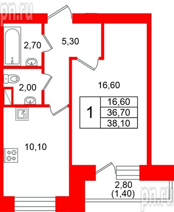 Квартира в ЖК «Новый мир», 1 комнатная, 37.1 м², 6 этаж