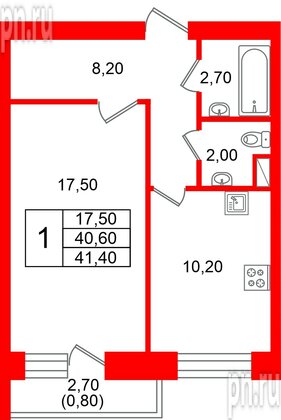 Квартира в ЖК «Новый мир», 1 комнатная, 40.8 м², 4 этаж