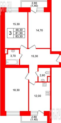 Квартира в ЖК Новый мир, 3 комнатная, 79.6 м², 2 этаж