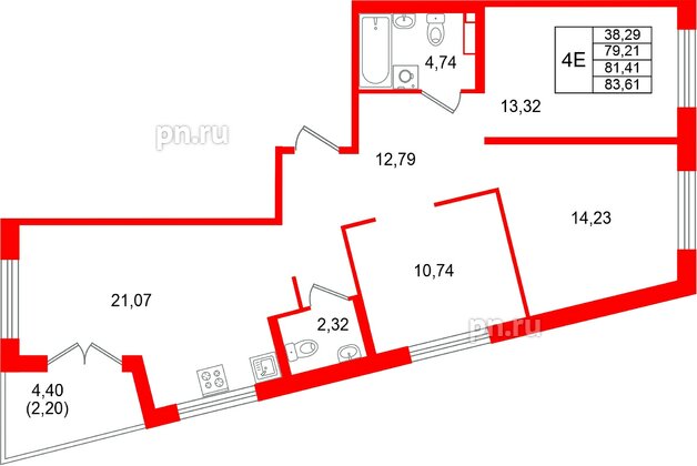 Квартира в ЖК «Образцовый квартал», 3 комнатная, 81.41 м², 1 этаж