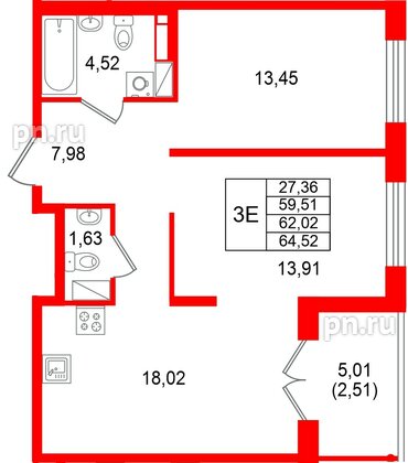 Квартира в ЖК Образцовый квартал, 2 комнатная, 62.02 м², 3 этаж