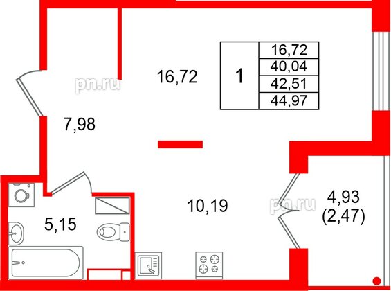 Квартира в ЖК Образцовый квартал, 1 комнатная, 42.51 м², 4 этаж