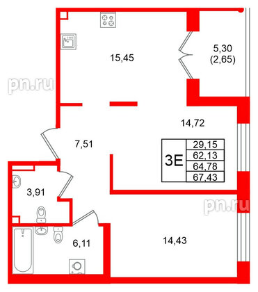 Квартира в ЖК Образцовый квартал, 2 комнатная, 64.78 м², 1 этаж