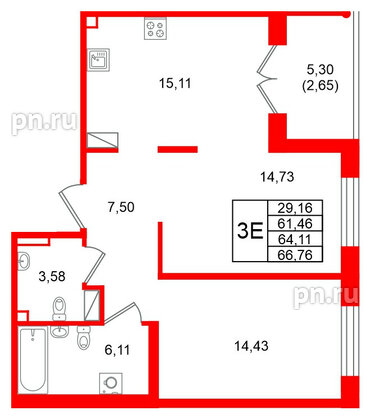 Квартира в ЖК Образцовый квартал, 2 комнатная, 64.11 м², 3 этаж