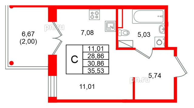 Квартира в ЖК Образцовый квартал, студия, 30.86 м², 3 этаж