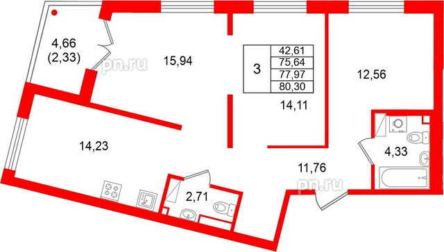 Квартира в ЖК Образцовый квартал, 3 комнатная, 77.97 м², 3 этаж