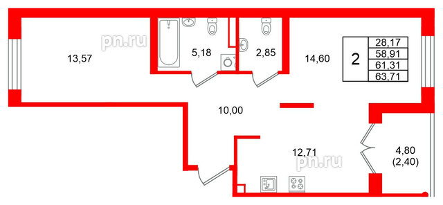 Квартира в ЖК Образцовый квартал, 2 комнатная, 61.31 м², 1 этаж
