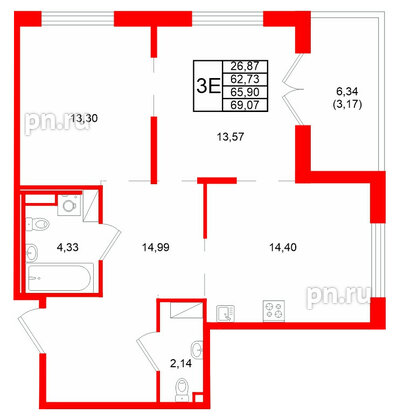 Квартира в ЖК Образцовый квартал, 2 комнатная, 65.9 м², 3 этаж