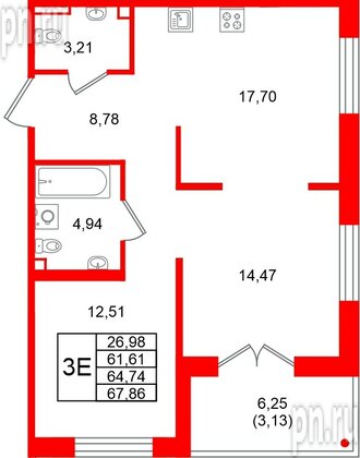 Квартира в ЖК Образцовый квартал, 2 комнатная, 64.74 м², 1 этаж