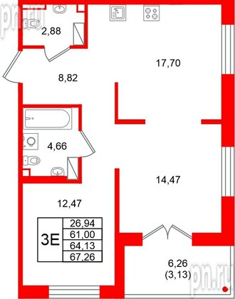 Квартира в ЖК Образцовый квартал, 2 комнатная, 64.13 м², 2 этаж