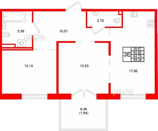 Квартира в ЖК Образцовый квартал, 2 комнатная, 64.76 м², 1 этаж