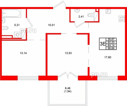 Квартира в ЖК Образцовый квартал, 2 комнатная, 64.14 м², 2 этаж