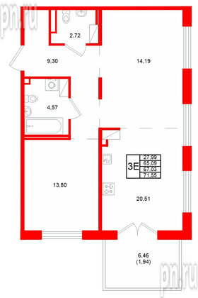 Квартира в ЖК Образцовый квартал, 2 комнатная, 67.03 м², 3 этаж