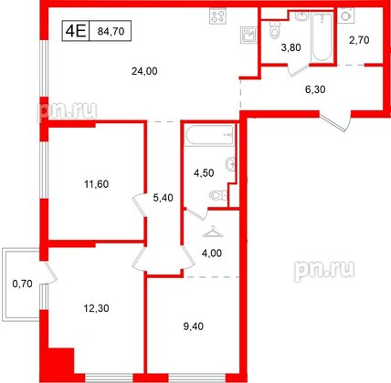 Квартира в ЖК Витебский парк, 3 комнатная, 84.7 м², 11 этаж