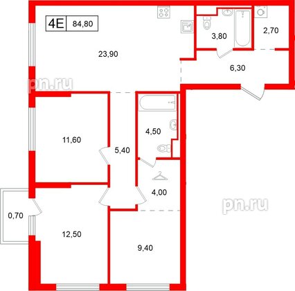 Квартира в ЖК Витебский парк, 3 комнатная, 84.8 м², 3 этаж