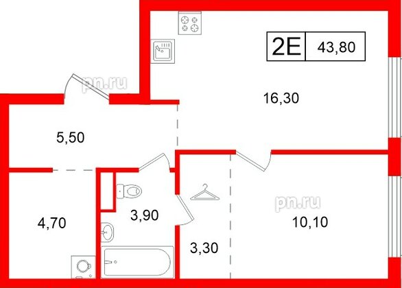Квартира в ЖК Витебский парк, 1 комнатная, 43.8 м², 3 этаж