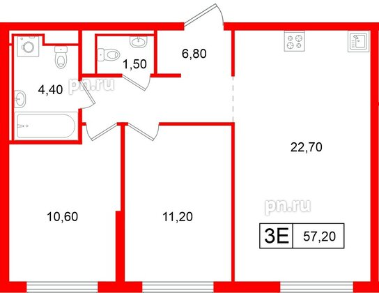 Квартира в ЖК Витебский парк, 2 комнатная, 57.2 м², 5 этаж