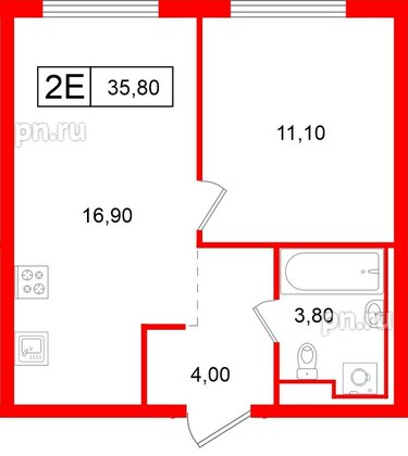 Квартира в ЖК Витебский парк, 1 комнатная, 35.8 м², 12 этаж